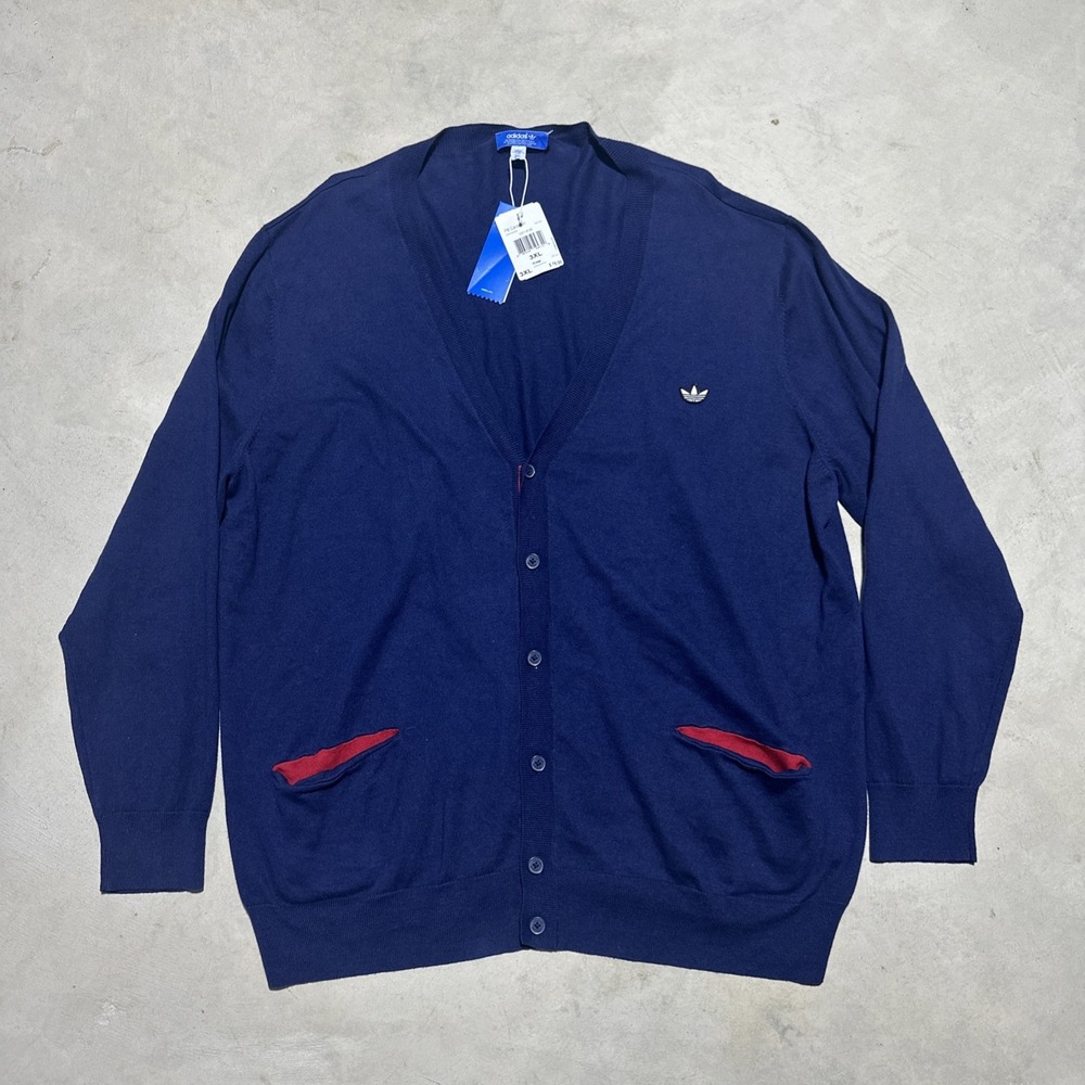 NWT $75 Adidas Men's Cardigan Sweater SZ 3XL Navy Blue Cotton Button Up Library